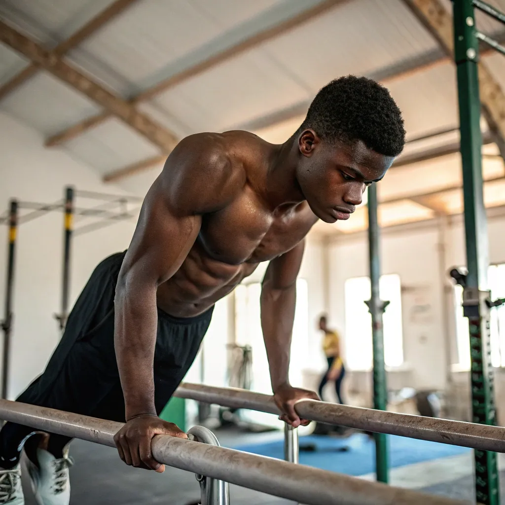 Young man practicing on parallel bars