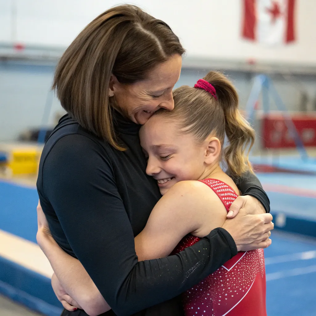 Mother hugging her young gymnast daughter